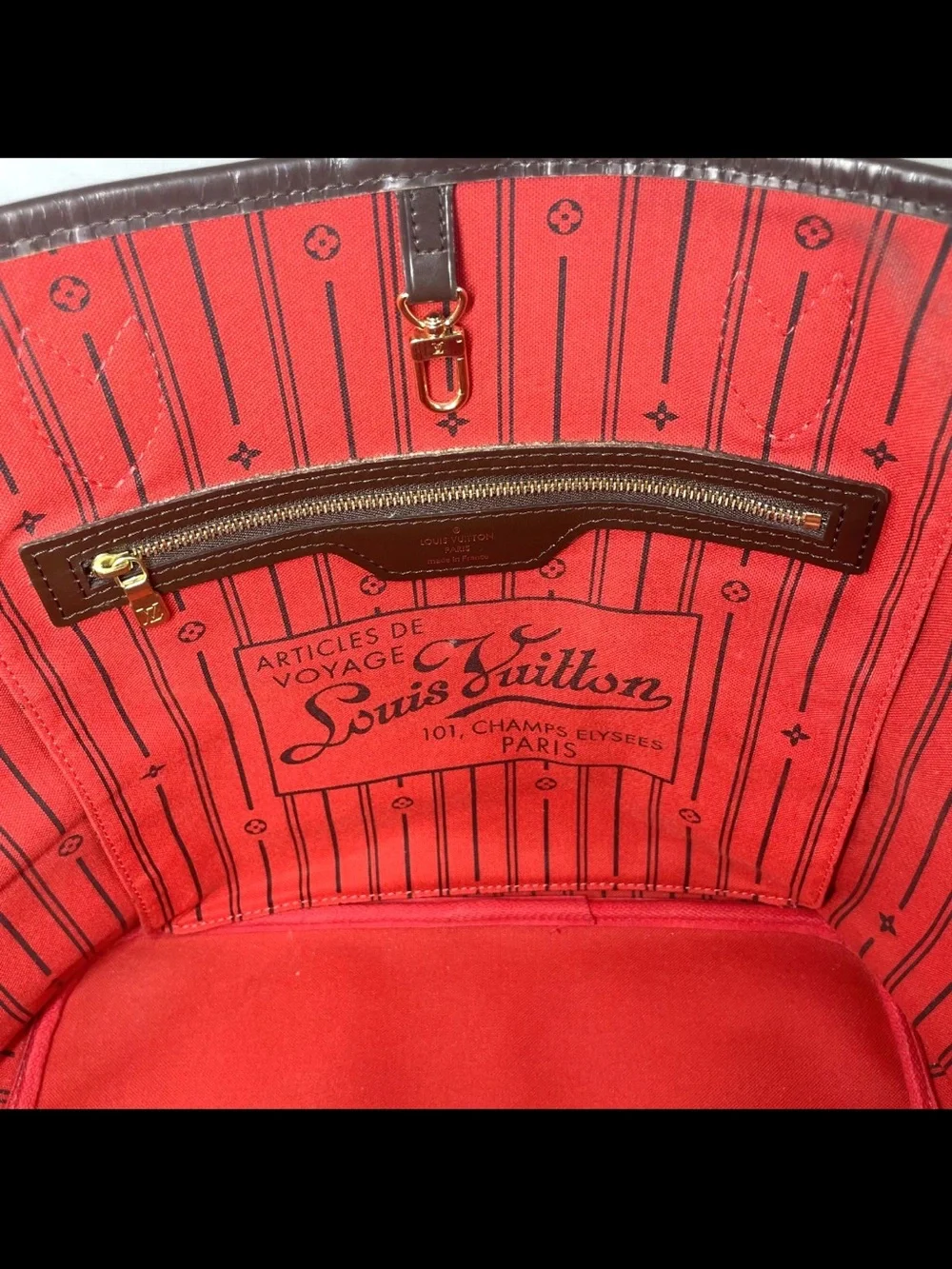 Louis Vuitton Brown Checkered Tote with Red Interior Trim